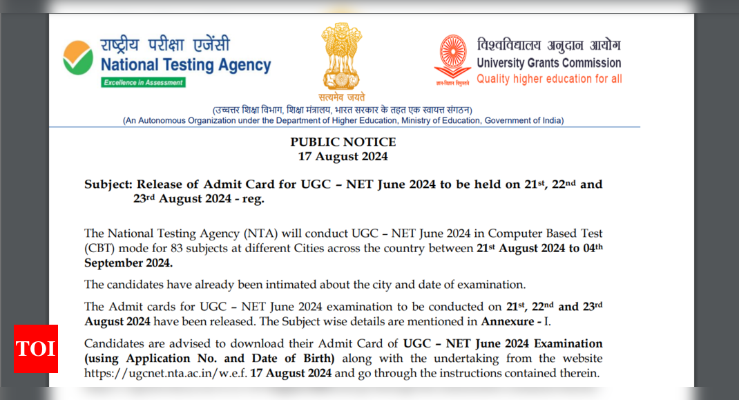 UGC NET June 2024 Admit Playing cards Launched for August 21-23 Exams: Direct hyperlink to obtain right here