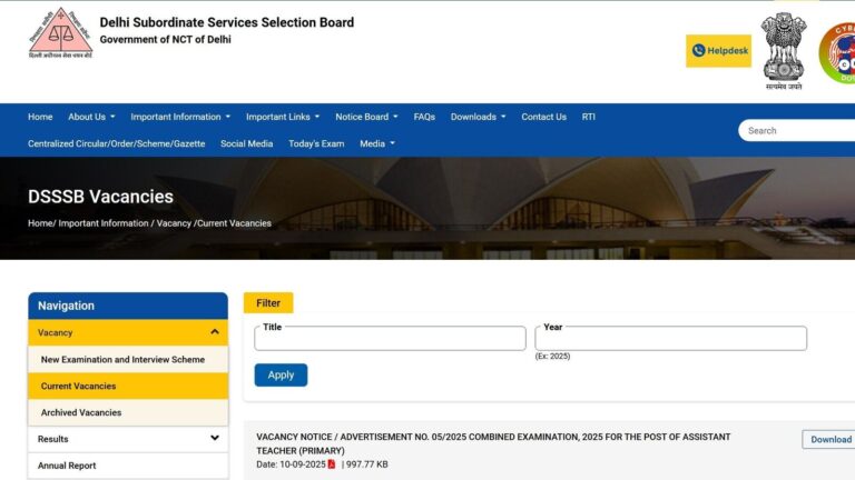 DSSSB Jobs 2025: 1,180 Assistant Primary Teacher vacancies in Delhi - registration, eligibility, exam pattern & more