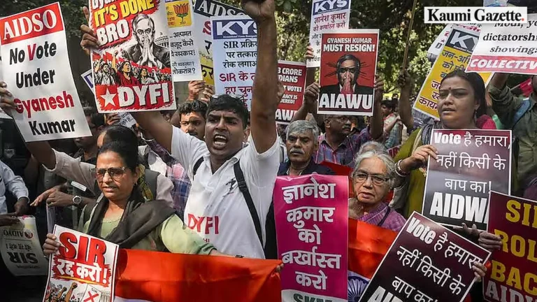 Activists march toward Election Commission headquarters in central Delhi to protest electoral roll revision